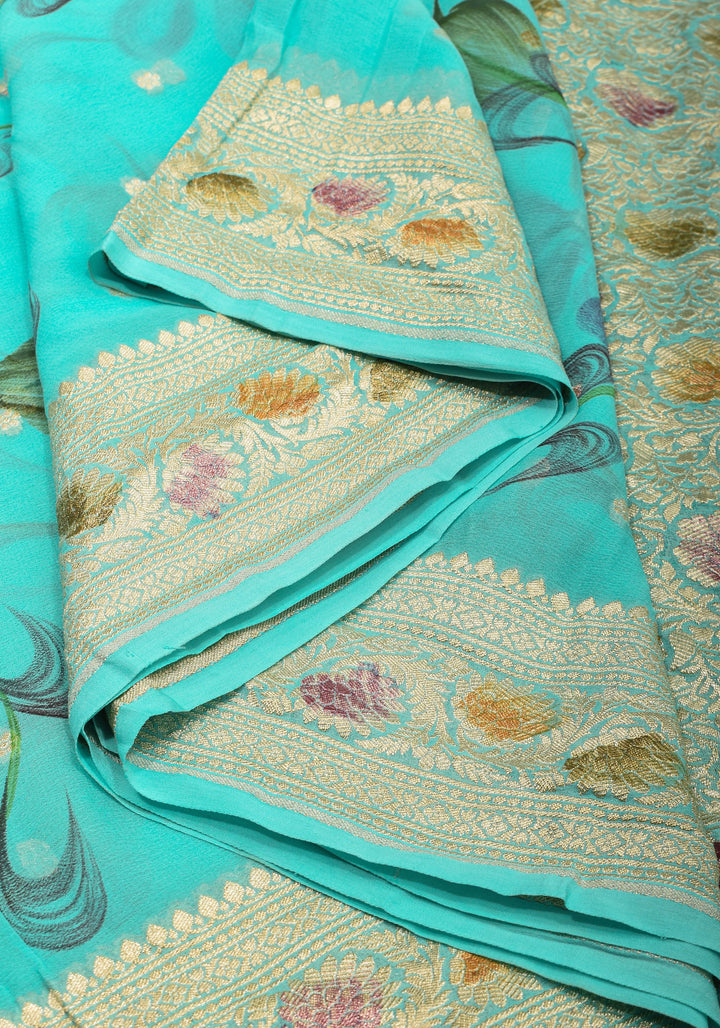 Cyan Pure Silk Chiffon saree with Hand Painted Florals  | SILK MARK CERTIFIED