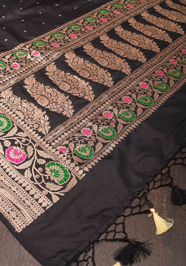 Black Banarasi Katan Silk Saree with chunri butis and  Zari Meenakari Floral Border | SILK MARK CERTIFIED