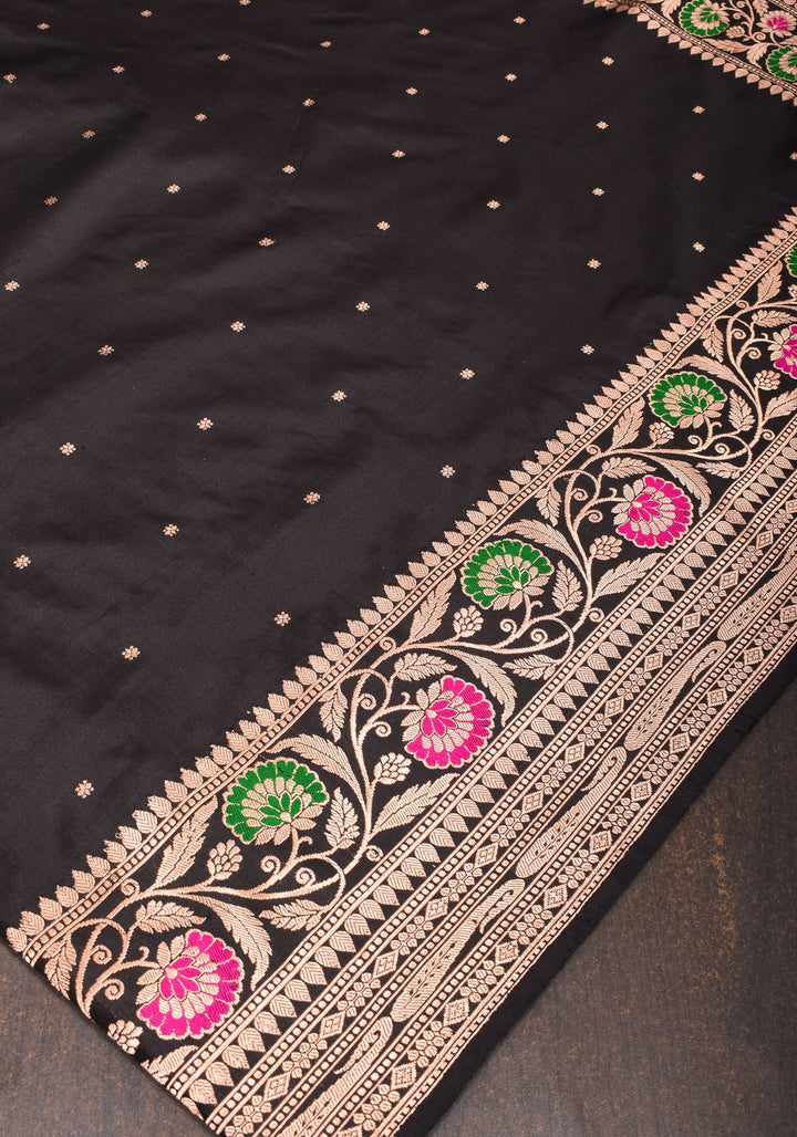 Black Banarasi Katan Silk Saree with chunri butis and  Zari Meenakari Floral Border | SILK MARK CERTIFIED