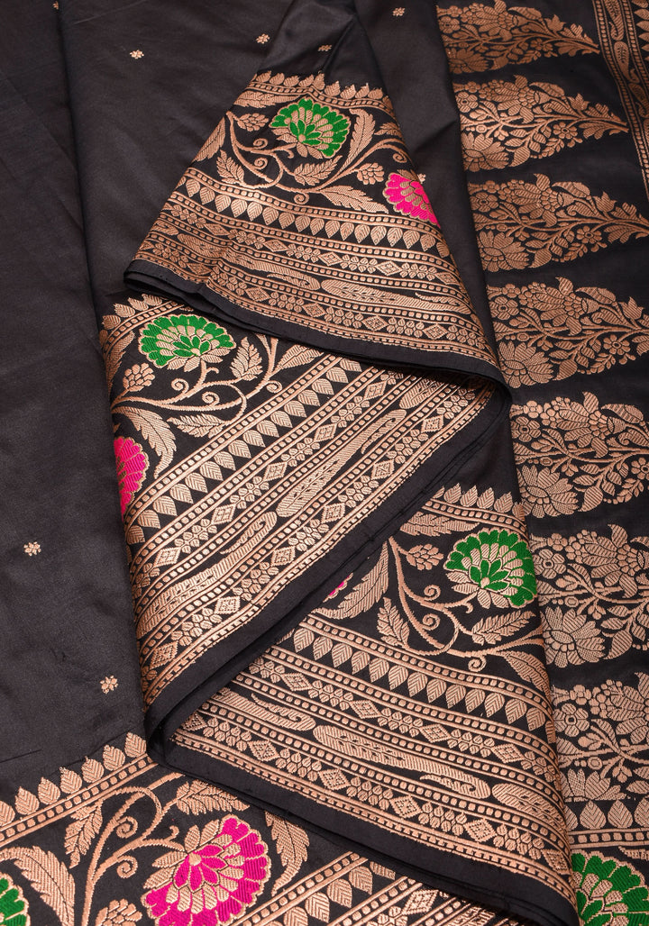 Black Banarasi Katan Silk Saree with chunri butis and  Zari Meenakari Floral Border | SILK MARK CERTIFIED