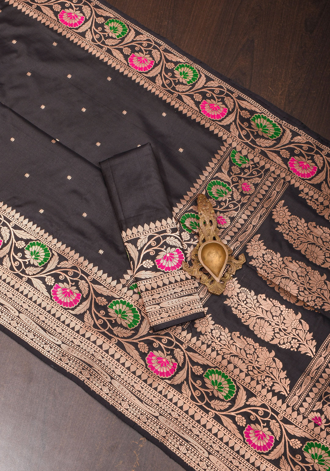 Black Banarasi Katan Silk Saree with chunri butis and  Zari Meenakari Floral Border | SILK MARK CERTIFIED
