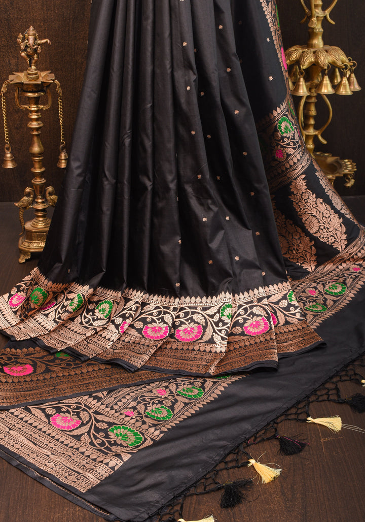 Black Banarasi Katan Silk Saree with chunri butis and  Zari Meenakari Floral Border | SILK MARK CERTIFIED