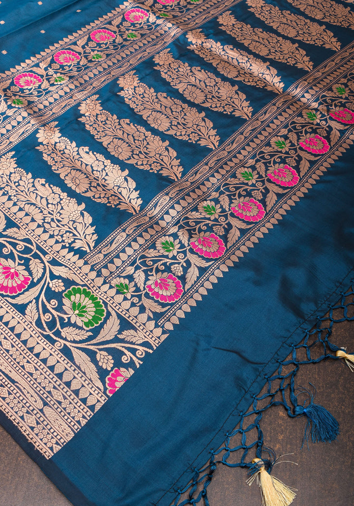 Prussian  Banarasi Katan Silk Saree with chunri butis and  Zari Meenakari Floral Border | SILK MARK CERTIFIED