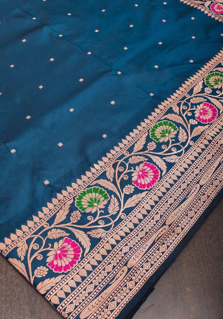 Prussian  Banarasi Katan Silk Saree with chunri butis and  Zari Meenakari Floral Border | SILK MARK CERTIFIED