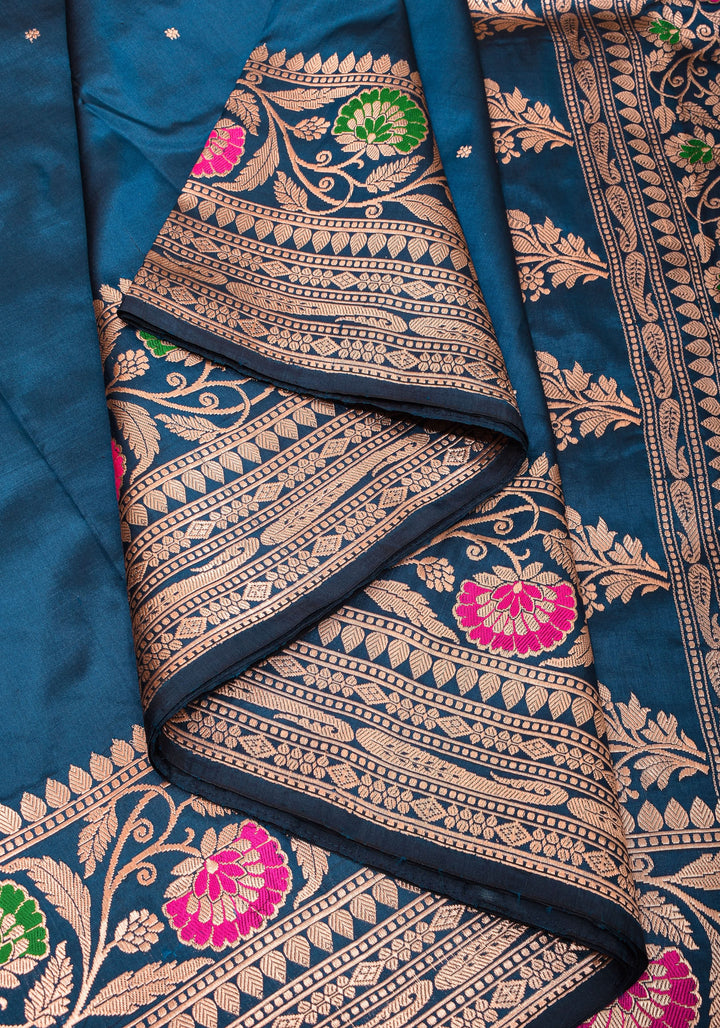 Prussian  Banarasi Katan Silk Saree with chunri butis and  Zari Meenakari Floral Border | SILK MARK CERTIFIED