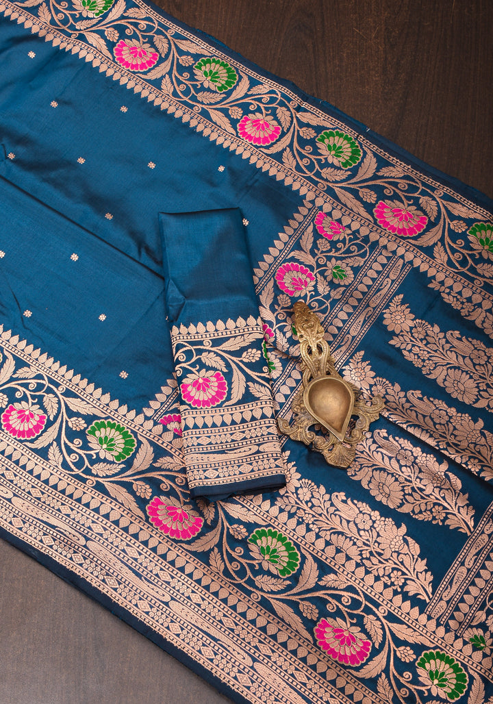 Prussian  Banarasi Katan Silk Saree with chunri butis and  Zari Meenakari Floral Border | SILK MARK CERTIFIED