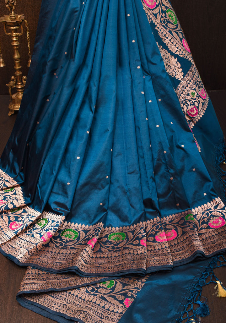 Prussian  Banarasi Katan Silk Saree with chunri butis and  Zari Meenakari Floral Border | SILK MARK CERTIFIED