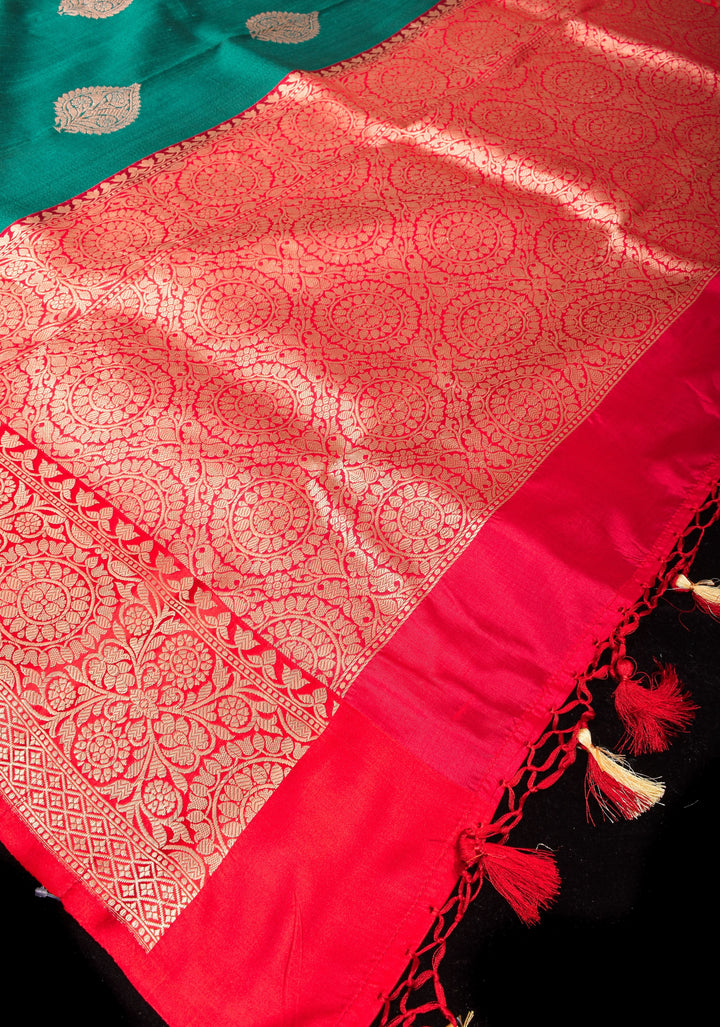 Teal Green Banarasi Tussar Silk Saree with Floral buttas and Zari Border | SILK MARK CERTIFIED