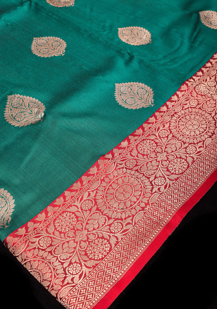 Teal Green Banarasi Tussar Silk Saree with Floral buttas and Zari Border | SILK MARK CERTIFIED