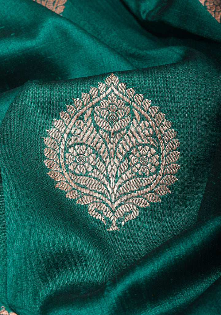 Teal Green Banarasi Tussar Silk Saree with Floral buttas and Zari Border | SILK MARK CERTIFIED