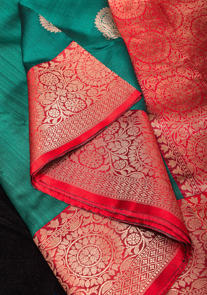 Teal Green Banarasi Tussar Silk Saree with Floral buttas and Zari Border | SILK MARK CERTIFIED