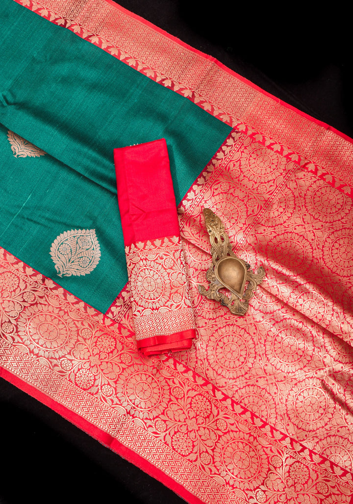 Teal Green Banarasi Tussar Silk Saree with Floral buttas and Zari Border | SILK MARK CERTIFIED