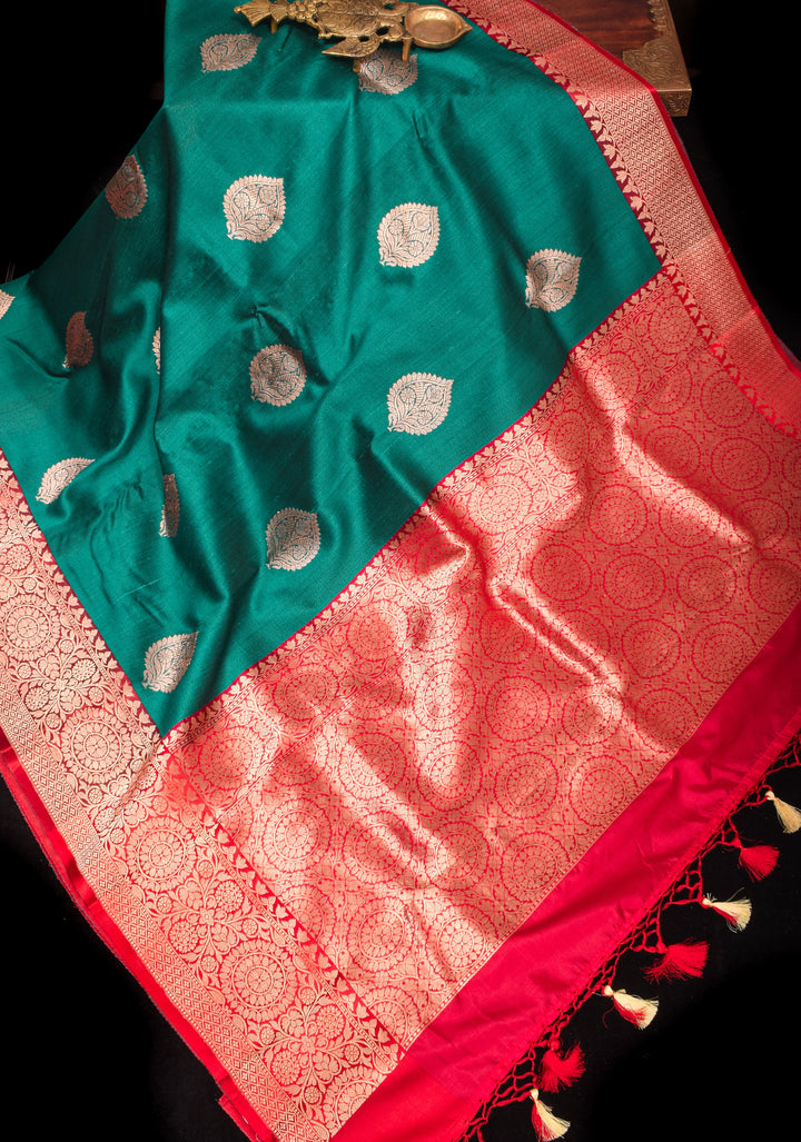Teal Green Banarasi Tussar Silk Saree with Floral buttas and Zari Border | SILK MARK CERTIFIED
