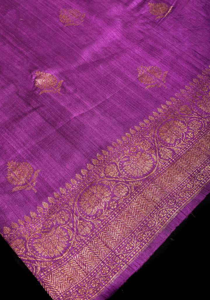 Pure raw Silk Banarasi Silk Saree with Antique Tone Zari motifs and contrasting Blouse piece  | SILK MARK CERTIFIED