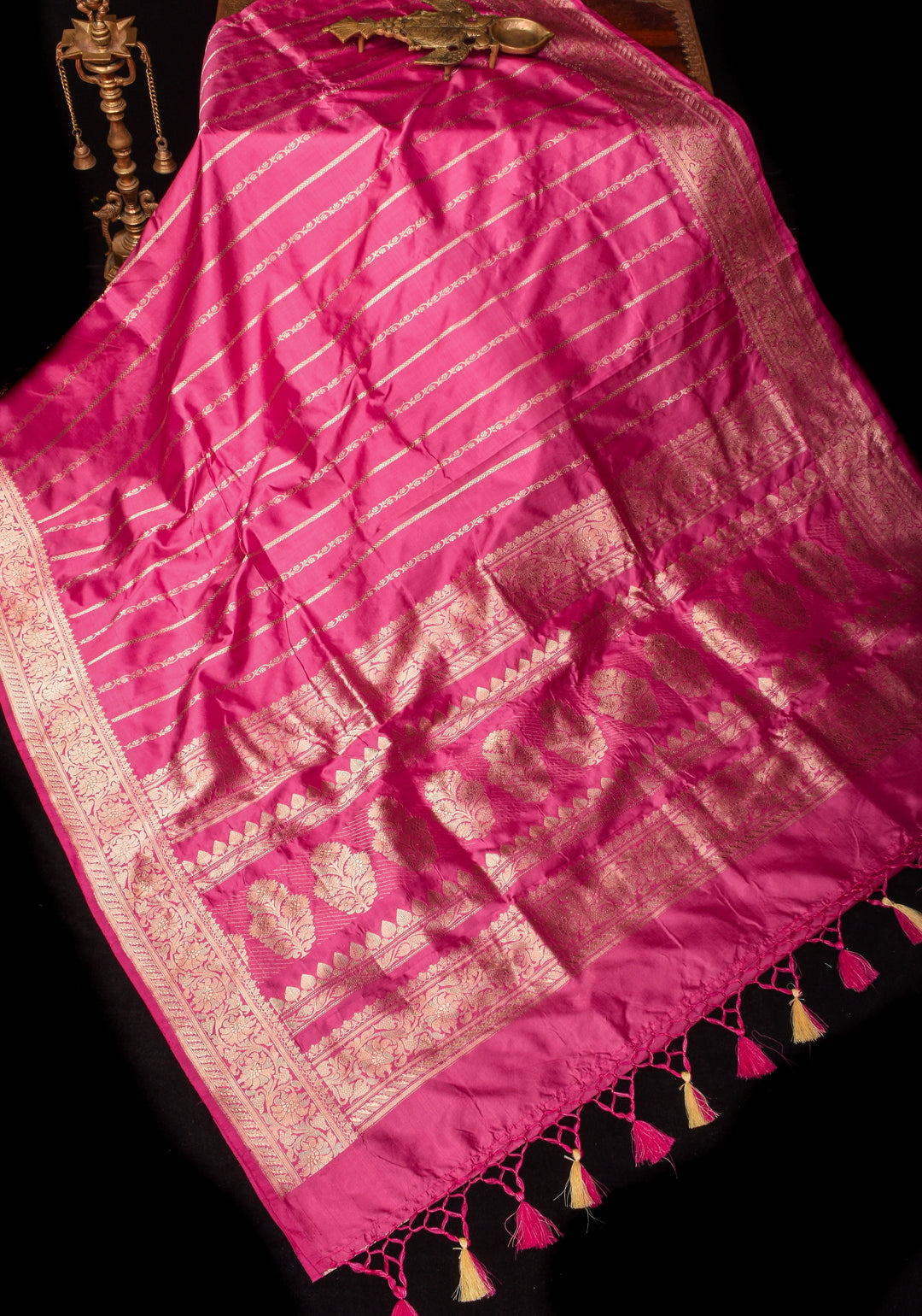 Bubblegum Pink Stunning Pure Katan Silk Banarasi Saree with ornate 2 design vertical stripes | SILK MARK CERTIFIED
