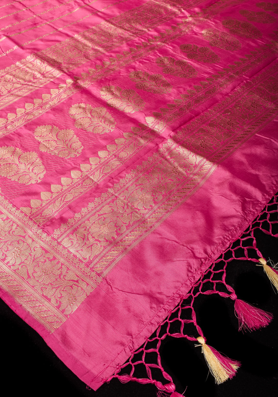 Bubblegum Pink Stunning Pure Katan Silk Banarasi Saree with ornate 2 design vertical stripes | SILK MARK CERTIFIED