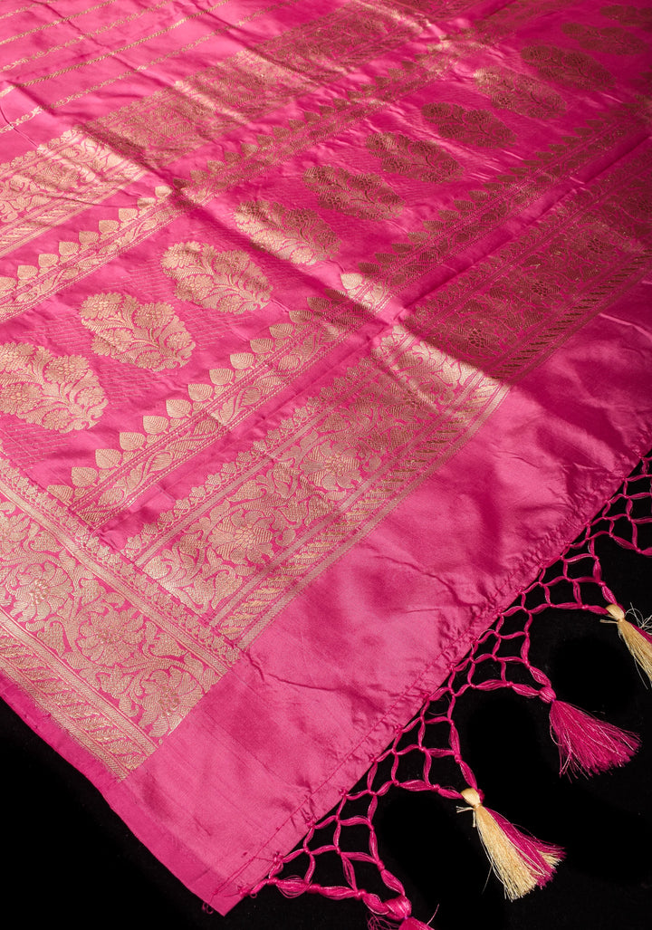 Bubblegum Pink Stunning Pure Katan Silk Banarasi Saree with ornate 2 design vertical stripes | SILK MARK CERTIFIED