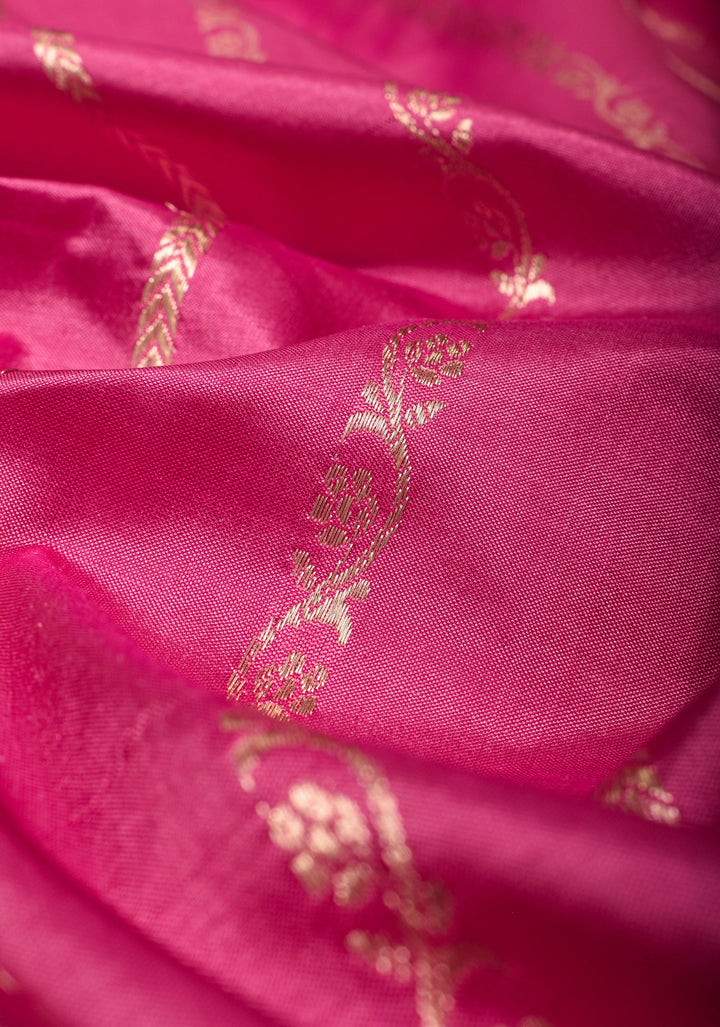 Bubblegum Pink Stunning Pure Katan Silk Banarasi Saree with ornate 2 design vertical stripes | SILK MARK CERTIFIED