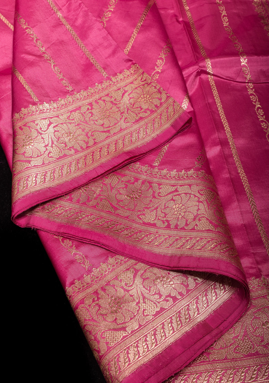 Bubblegum Pink Stunning Pure Katan Silk Banarasi Saree with ornate 2 design vertical stripes | SILK MARK CERTIFIED