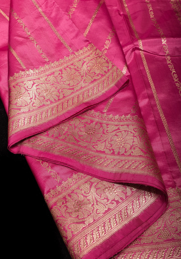 Bubblegum Pink Stunning Pure Katan Silk Banarasi Saree with ornate 2 design vertical stripes | SILK MARK CERTIFIED