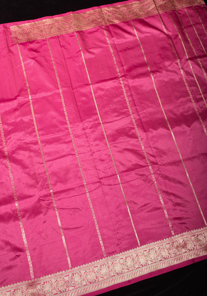 Bubblegum Pink Stunning Pure Katan Silk Banarasi Saree with ornate 2 design vertical stripes | SILK MARK CERTIFIED