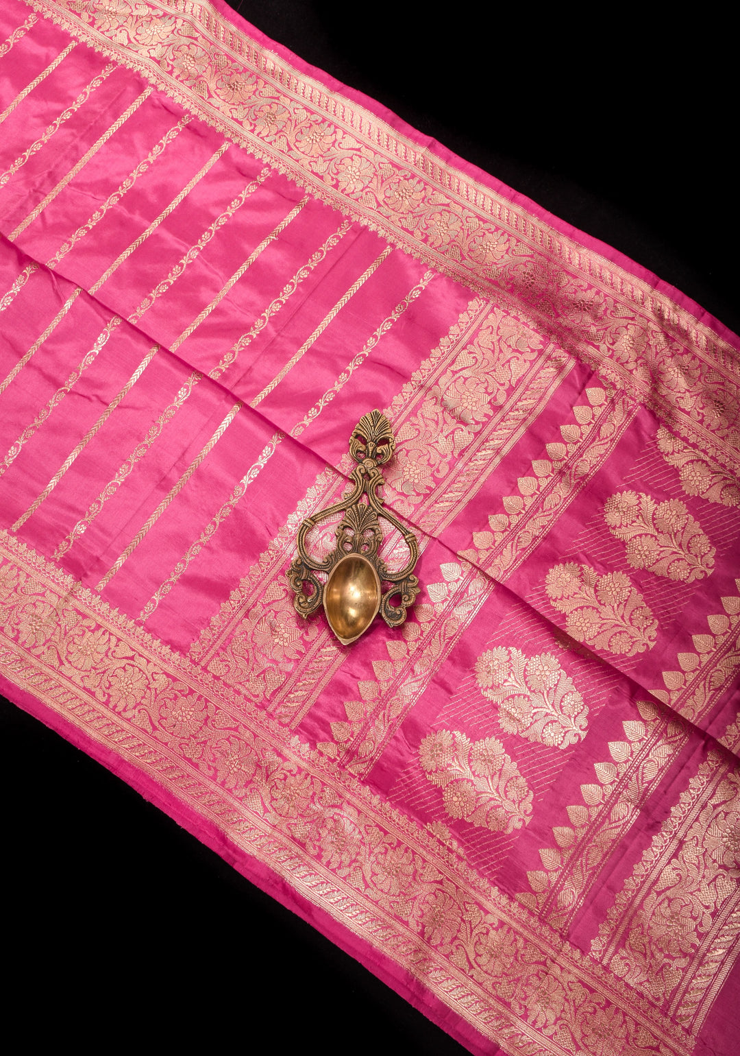 Bubblegum Pink Stunning Pure Katan Silk Banarasi Saree with ornate 2 design vertical stripes | SILK MARK CERTIFIED