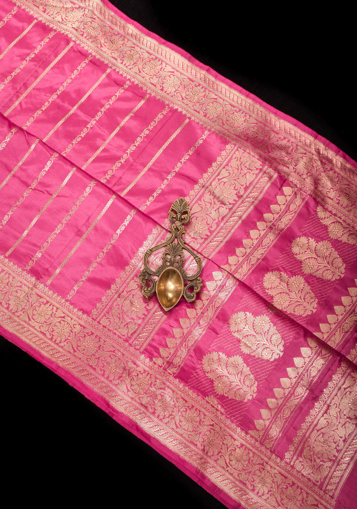 Bubblegum Pink Stunning Pure Katan Silk Banarasi Saree with ornate 2 design vertical stripes | SILK MARK CERTIFIED