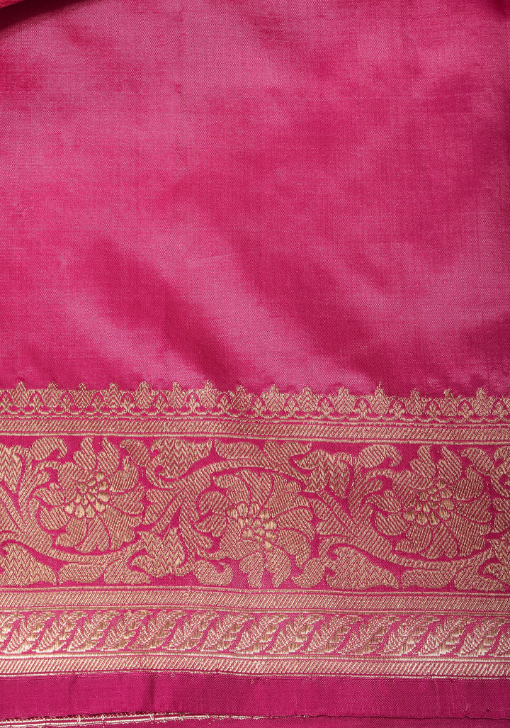 Bubblegum Pink Stunning Pure Katan Silk Banarasi Saree with ornate 2 design vertical stripes | SILK MARK CERTIFIED