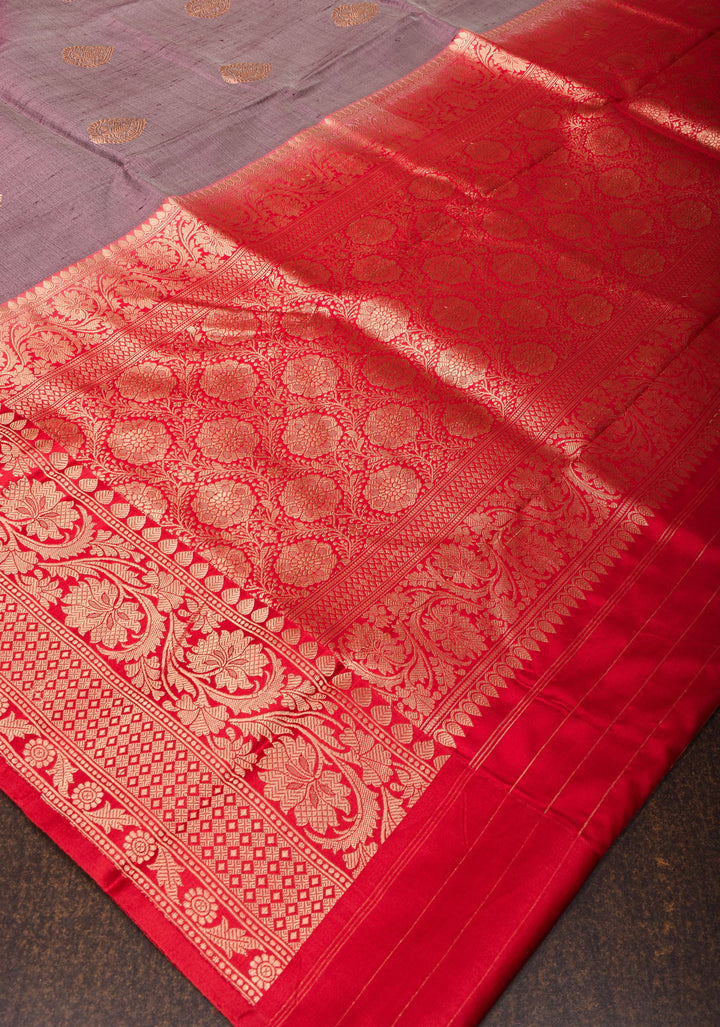 Gray Pure Tussar Silk Banarasi Saree with Antique Zari Kadhuwa Weaving | SILK MARK CERTIFIED