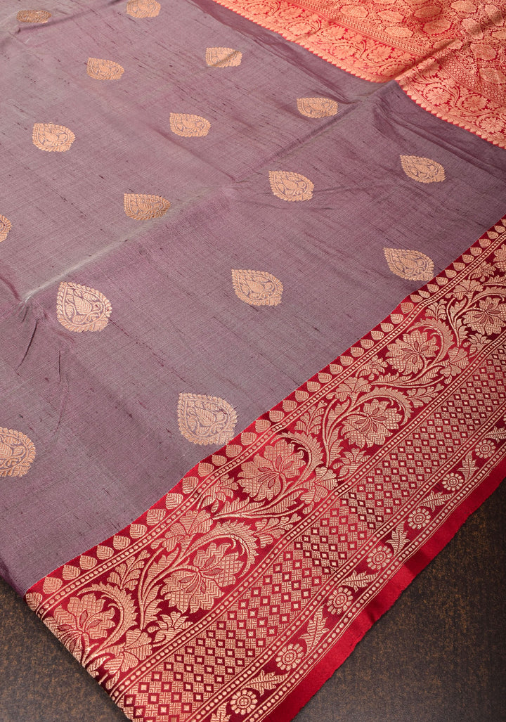 Gray Pure Tussar Silk Banarasi Saree with Antique Zari Kadhuwa Weaving | SILK MARK CERTIFIED