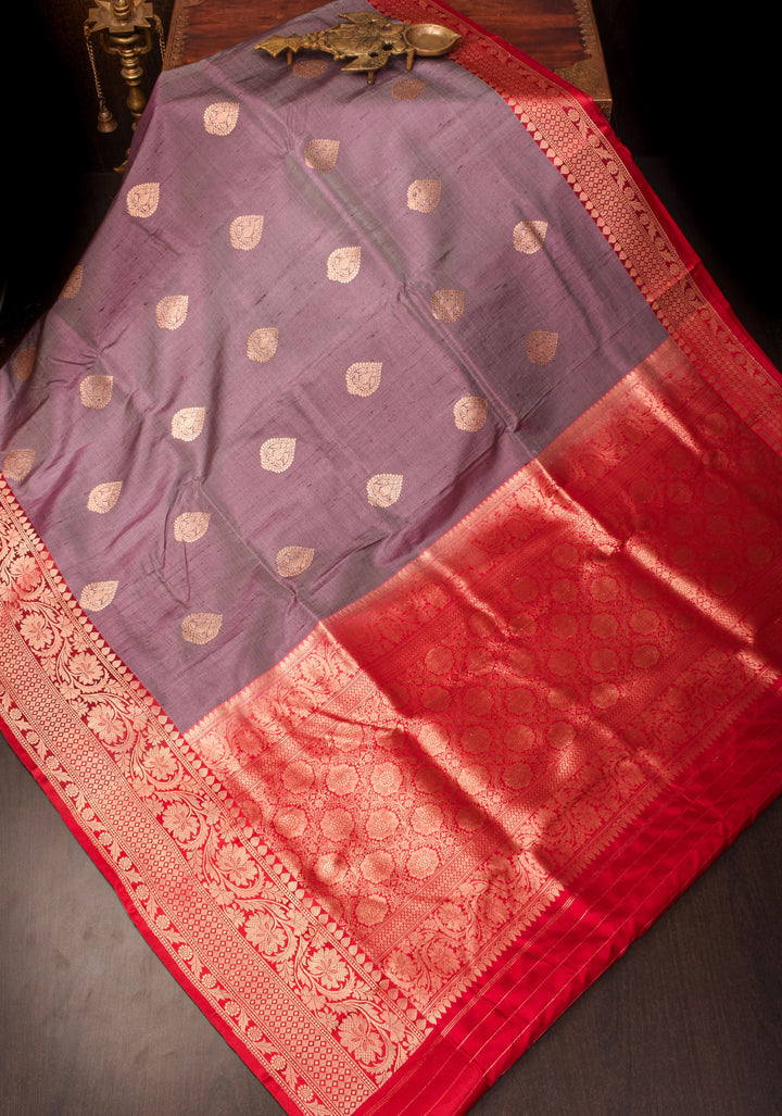 Gray Pure Tussar Silk Banarasi Saree with Antique Zari Kadhuwa Weaving | SILK MARK CERTIFIED | SHOBITAM
