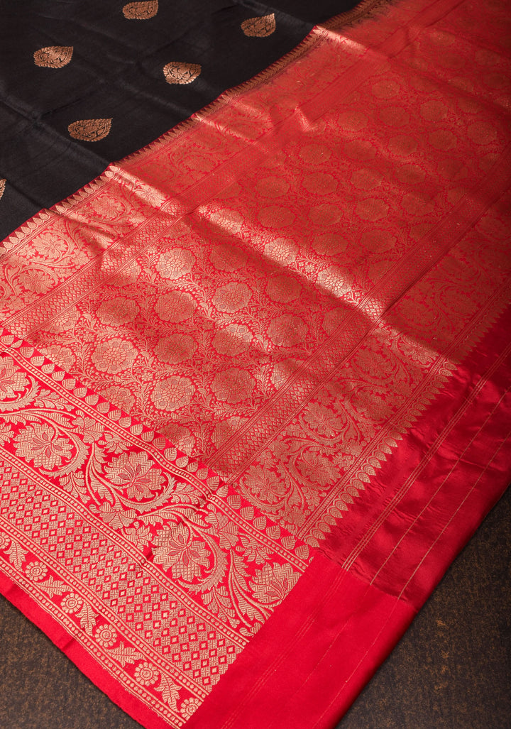 Black Banarasi Tussar Silk Saree with Antique tone Zari buttas and Red Contrast | SILK MARK CERTIFIED
