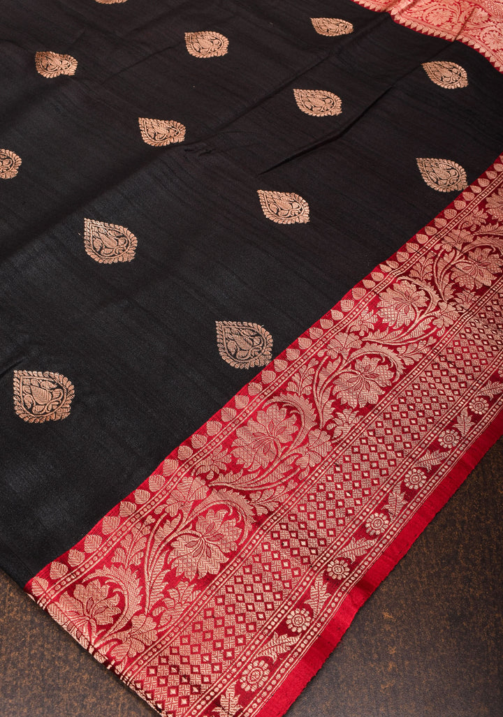 Black Banarasi Tussar Silk Saree with Antique tone Zari buttas and Red Contrast | SILK MARK CERTIFIED