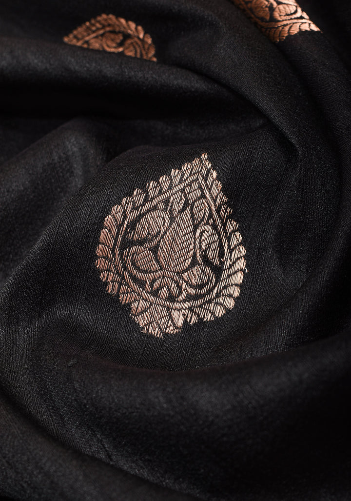 Black Banarasi Tussar Silk Saree with Antique tone Zari buttas and Red Contrast | SILK MARK CERTIFIED