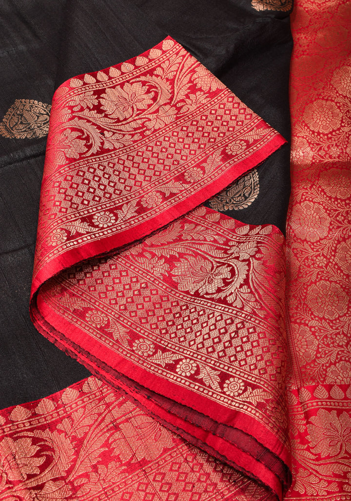 Black Banarasi Tussar Silk Saree with Antique tone Zari buttas and Red Contrast | SILK MARK CERTIFIED