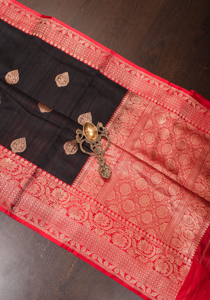 Black Banarasi Tussar Silk Saree with Antique tone Zari buttas and Red Contrast | SILK MARK CERTIFIED