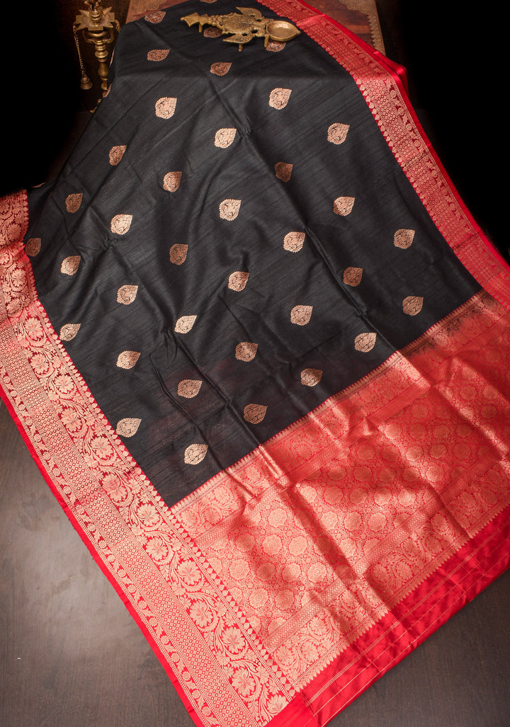 Black Banarasi Tussar Silk Saree with Antique tone Zari buttas and Red Contrast | SILK MARK CERTIFIED