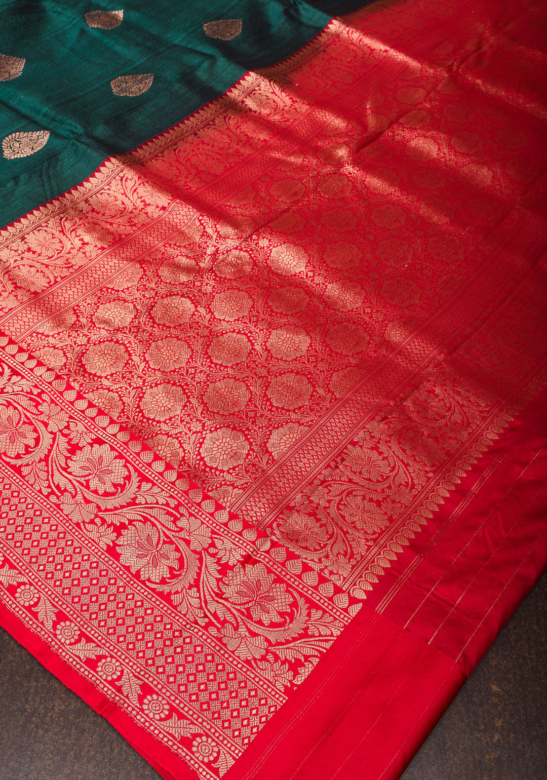 Deep Rama Green Tussar Silk Saree with Antique tone Zari buttas and Red Contrast | SILK MARK CERTIFIED