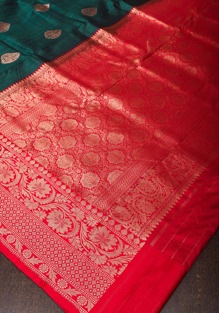 Deep Rama Green Tussar Silk Saree with Antique tone Zari buttas and Red Contrast | SILK MARK CERTIFIED