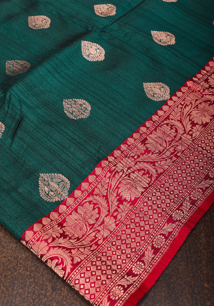 Deep Rama Green Tussar Silk Saree with Antique tone Zari buttas and Red Contrast | SILK MARK CERTIFIED