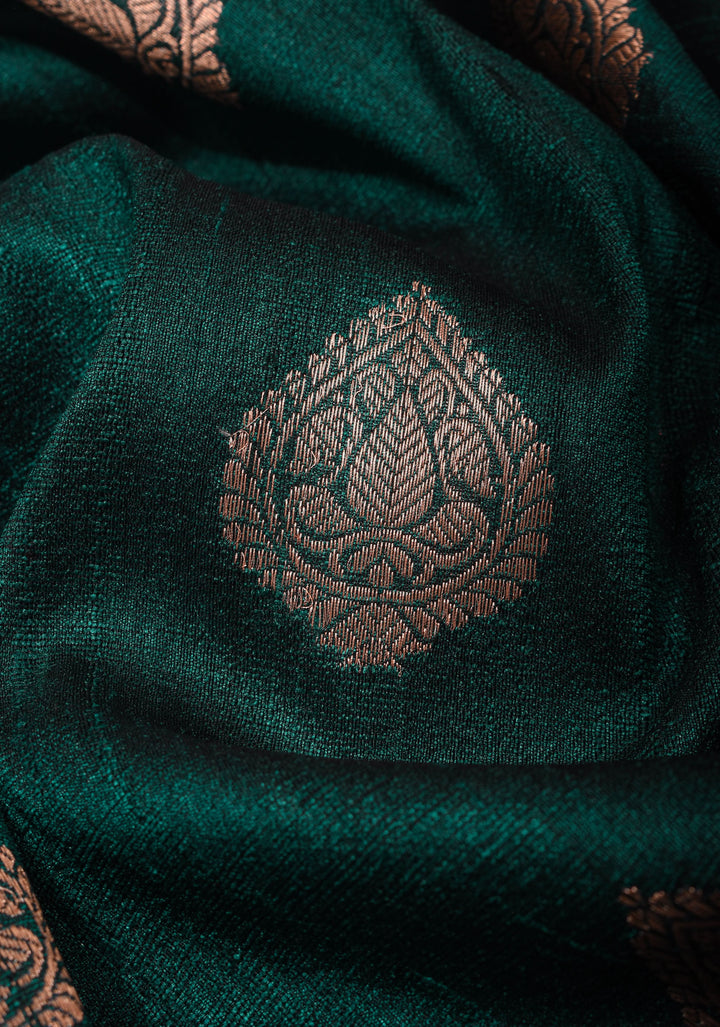 Deep Rama Green Tussar Silk Saree with Antique tone Zari buttas and Red Contrast | SILK MARK CERTIFIED