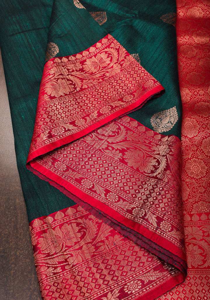 Deep Rama Green Tussar Silk Saree with Antique tone Zari buttas and Red Contrast | SILK MARK CERTIFIED