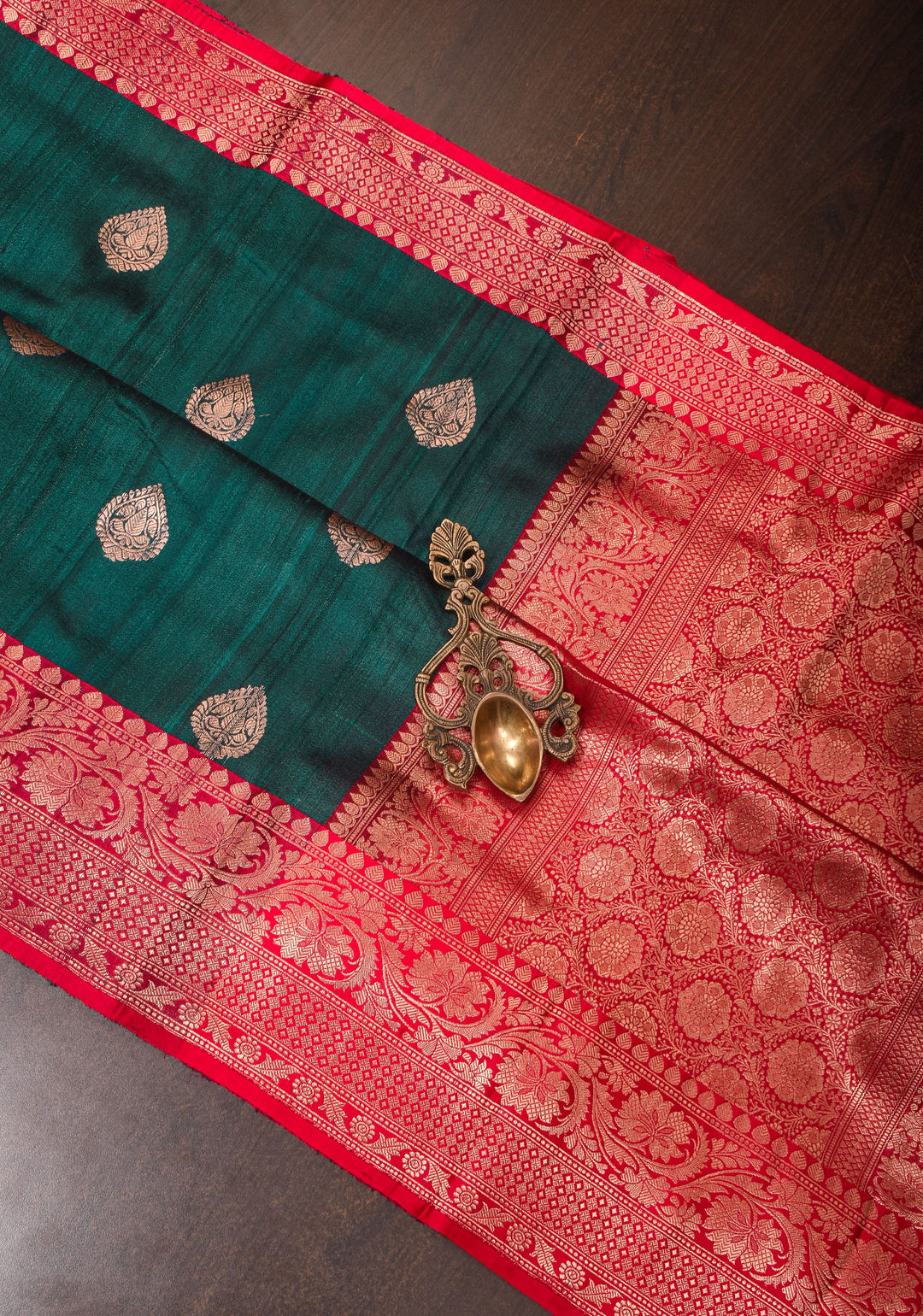 Deep Rama Green Tussar Silk Saree with Antique tone Zari buttas and Red Contrast | SILK MARK CERTIFIED