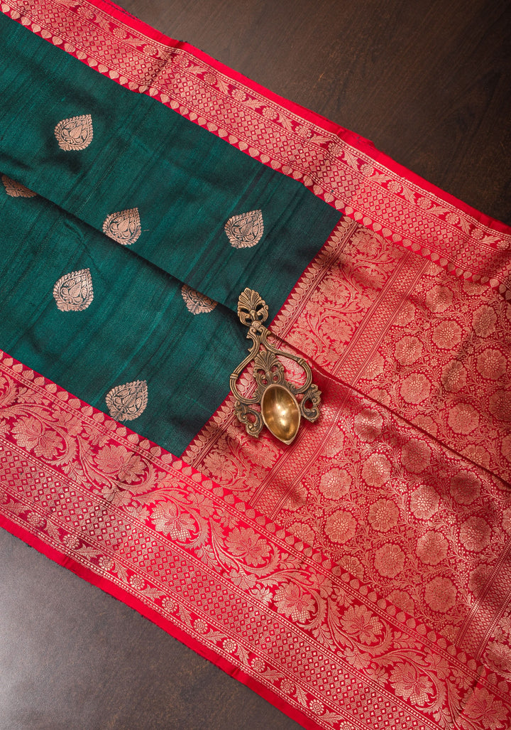 Deep Rama Green Tussar Silk Saree with Antique tone Zari buttas and Red Contrast | SILK MARK CERTIFIED