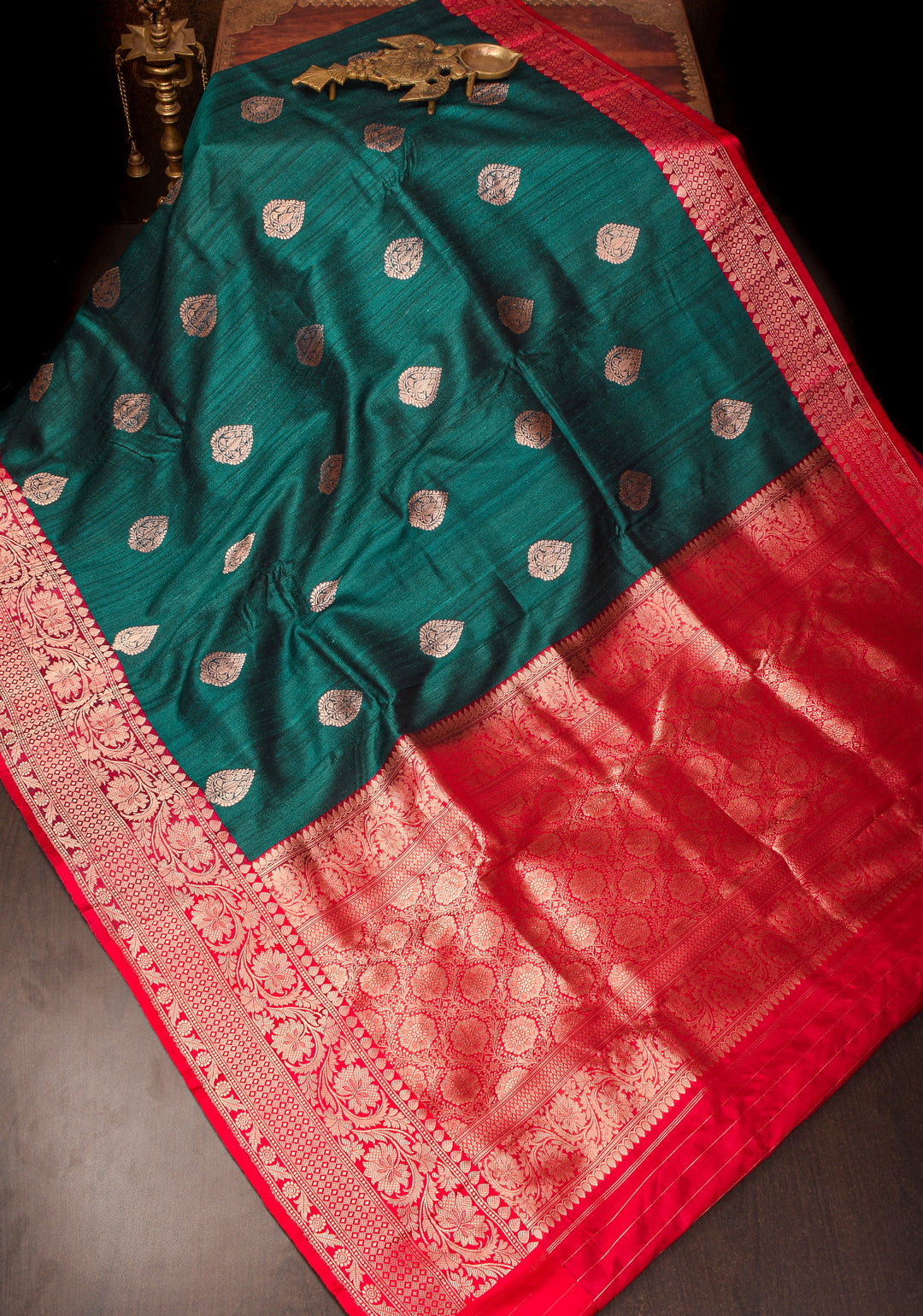 Deep Rama Green Tussar Silk Saree with Antique tone Zari buttas and Red Contrast | SILK MARK CERTIFIED