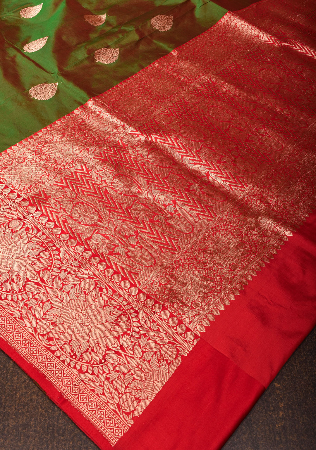 Henna Green Red Dual Tone Katan Silk Saree with Zari buttas and Red Contrast | SILK MARK CERTIFIED