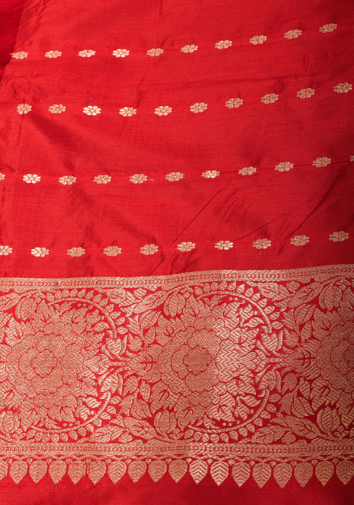 Henna Green Red Dual Tone Katan Silk Saree with Zari buttas and Red Contrast | SILK MARK CERTIFIED