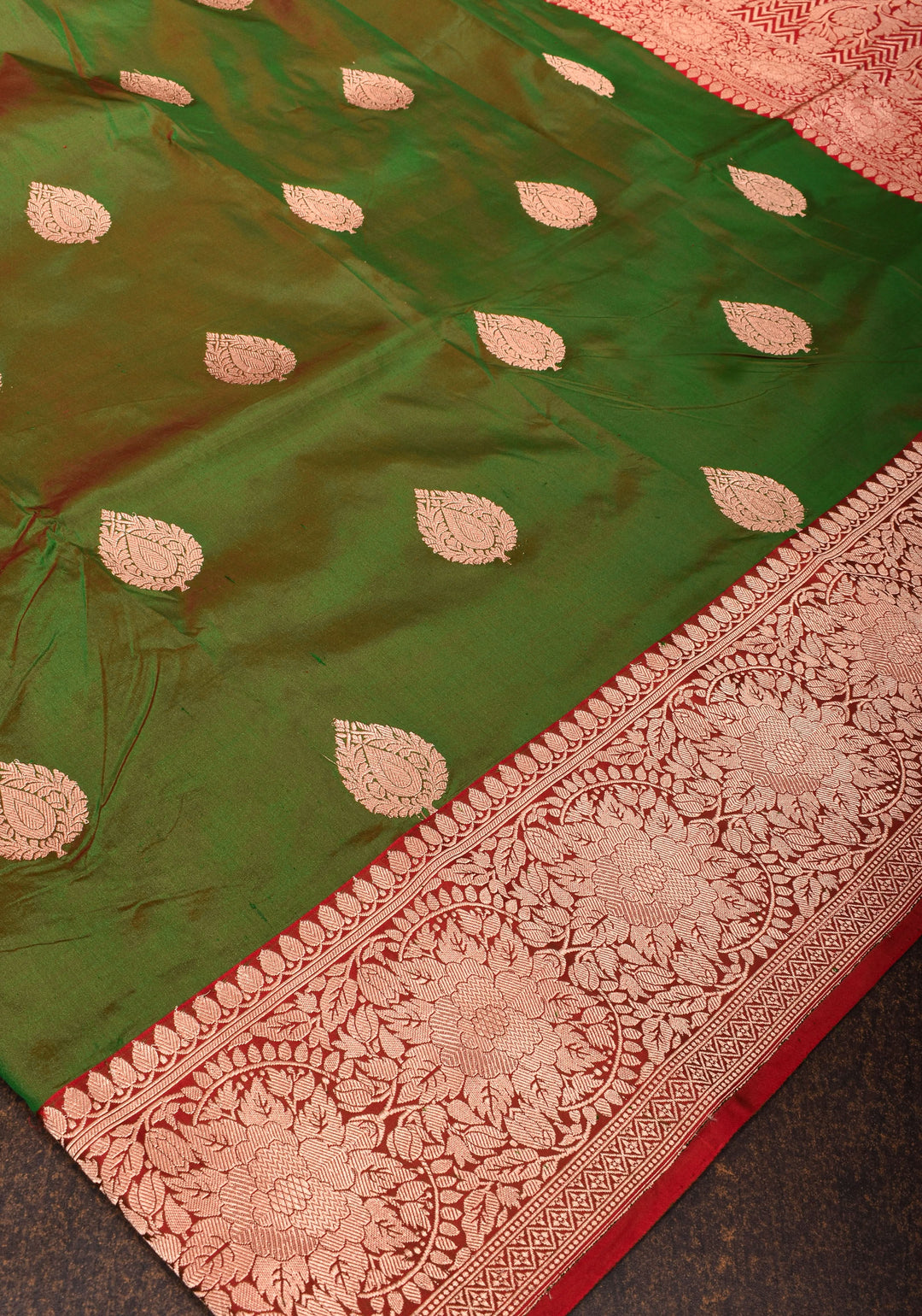 Henna Green Red Dual Tone Katan Silk Saree with Zari buttas and Red Contrast | SILK MARK CERTIFIED