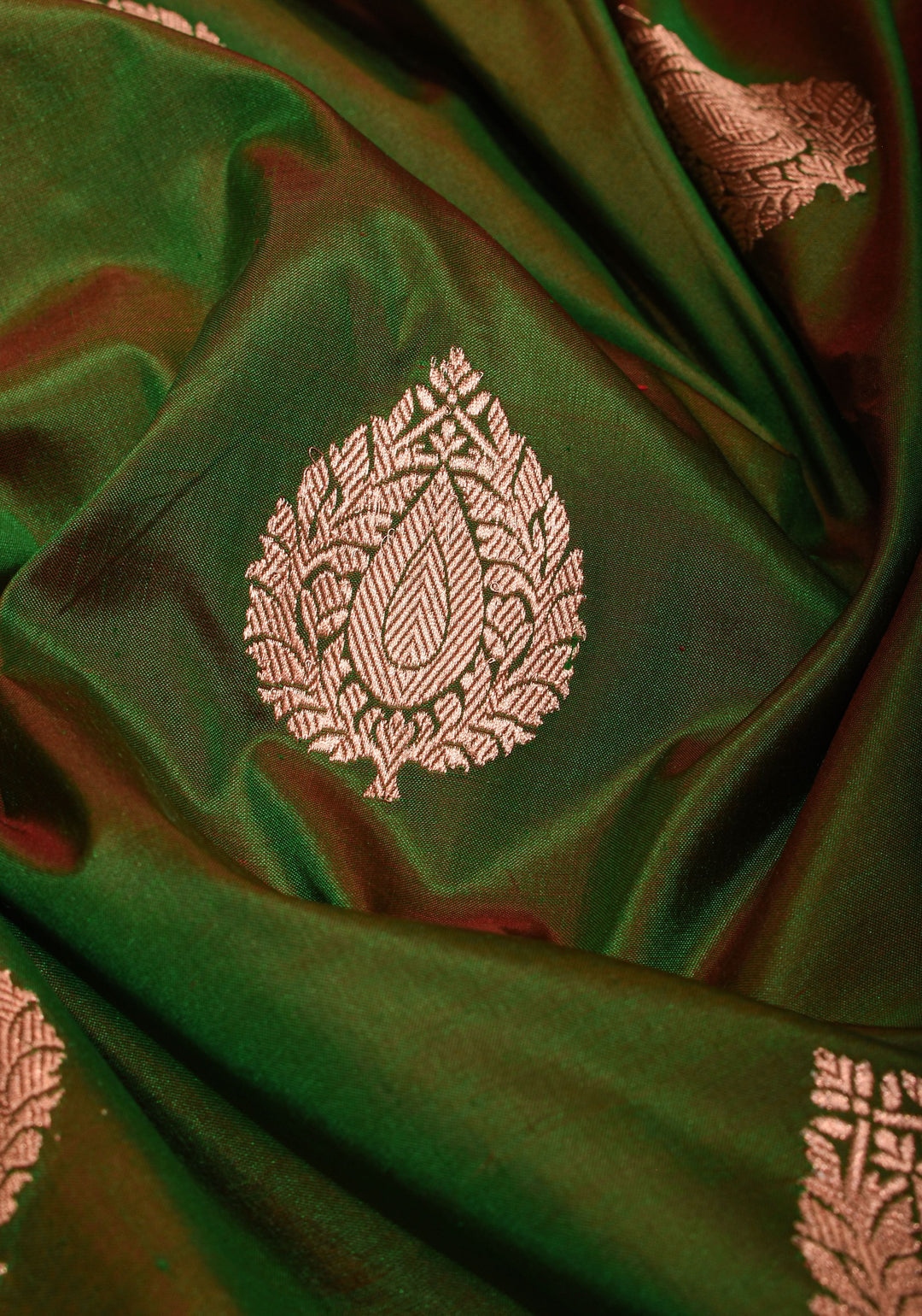 Henna Green Red Dual Tone Katan Silk Saree with Zari buttas and Red Contrast | SILK MARK CERTIFIED