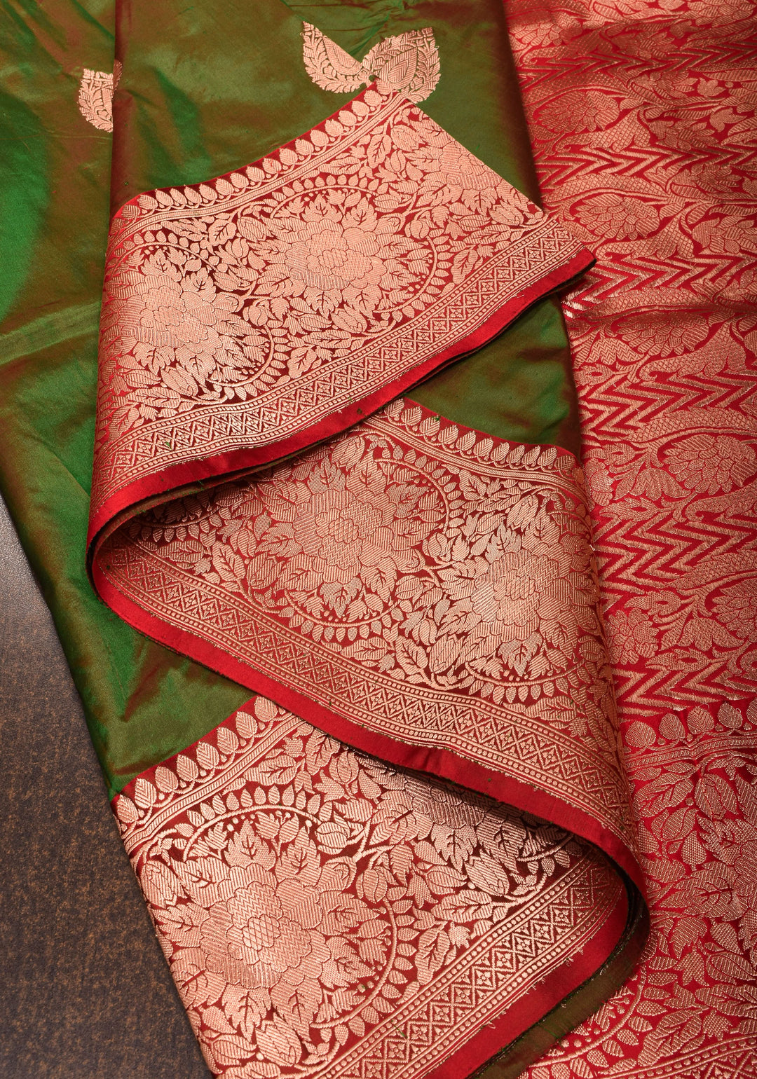 Henna Green Red Dual Tone Katan Silk Saree with Zari buttas and Red Contrast | SILK MARK CERTIFIED